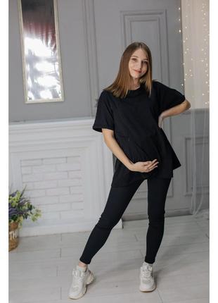 Комплект для вагітних лосини в рубчик і футболка оверсайз чорний