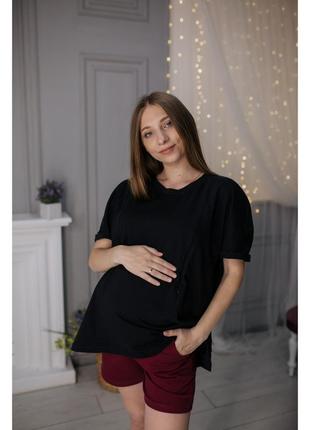 Комплект для вагітних бордові шорти з кишенями і чорна футболк...