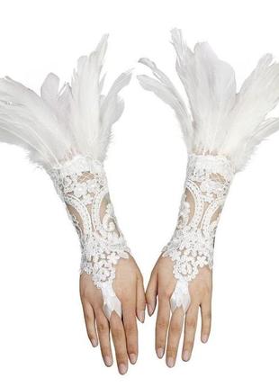 Длинные перчатки с кружевом и перьями, свадебные ажурные перча...