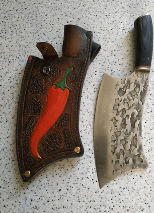 Подарочный Нож-топорик с чехлом из натуральной кожи. "Перец"