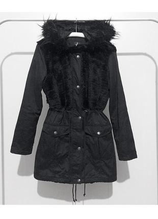 Eur 38-40 жіноча парка куртка чорна капюшон хутро середнє утеп...
