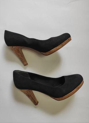 Черные замшевые туфли на деревянном среднем каблуке текстиль 4...