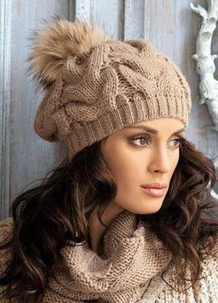 Комплект женский камеa вязаная шапка и вязаный снуд хомут на зиму