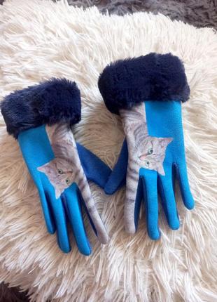 Дитячі сенсорні утеплені рукавички 5-10р з котиками  для дівчинки