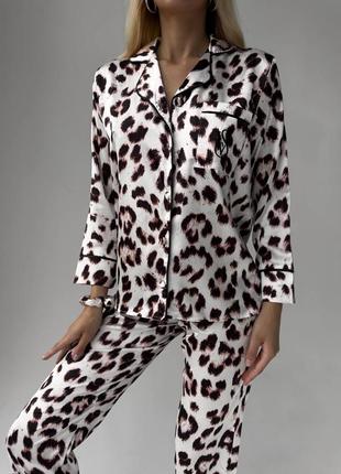 Леопардовая женская пижама леопард шелковая со штанами