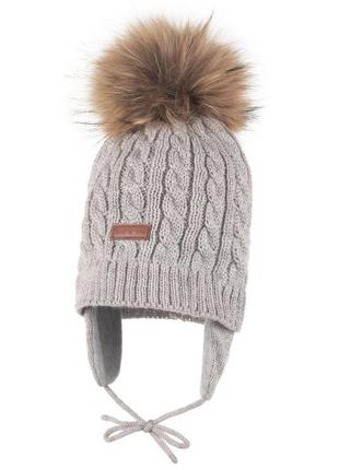 Теплая зимняя вязаная шапка помпон натуральный мех с флисовой ...