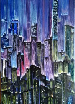 Картина олійними фарбами Місто Дощ Вечір Неон Світло Живопис