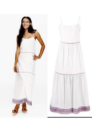 Белое длинное платье с вышивкой сарафан на бретелях коттоновый...