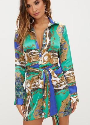 Платье-рубашка с зеленым атласом и поясом с принтом пейсли