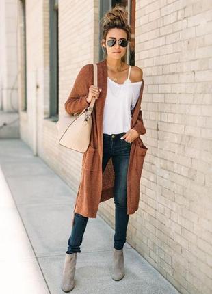 Длинный коричневый кардиган с карманами на пуговицах vero moda