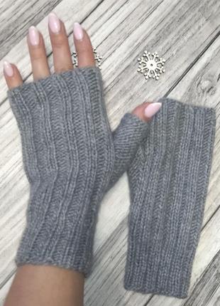 Сірі вовняні жіночі рукавички - в'язані мітенки - рукавички бе...