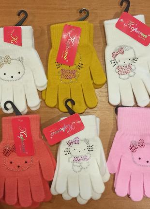 Перчатки детские для девочек на 5-8 лет, с рисунком из страз K...