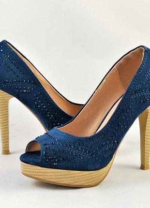 Женские синие туфли на каблуке шпильке замшевые модельные (раз...