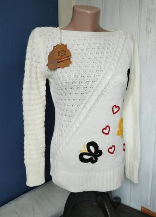 Джемпер женский с вышивкой # белый теплый пуловер с воротником...