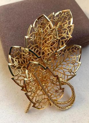 Винтажная брошка золотой ажурный лист judy lee