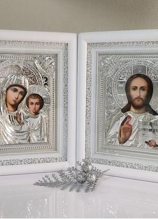 Свадебные иконы в серебре белая рамка "Лики святых" мод. № 9
