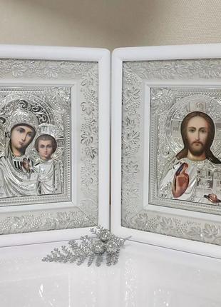 Свадебные иконы в серебре и белой рамке "Лики святых" мод. № 8