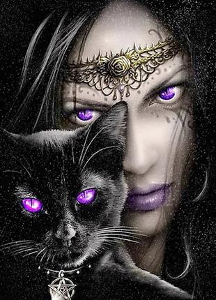 Алмазная вышивка Черный кот госпожи кошка радужный полная выкл...