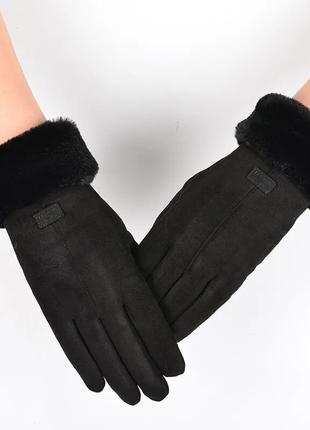 Теплые женские перчатки сенсорные штучная замша с мехом