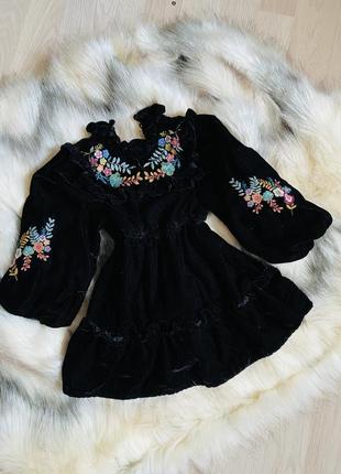 Платье на девочку вишиванка черная бархатная с вышивкой 1-2роки