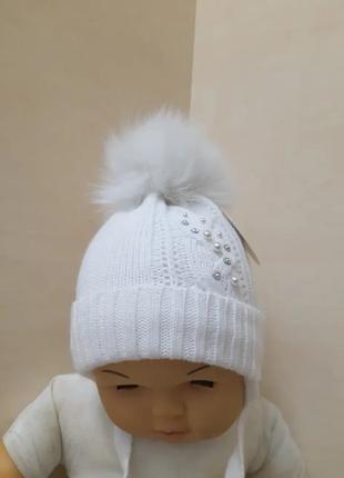 Зимняя вязаная шапка для новорожденной девочки натуральный пом...
