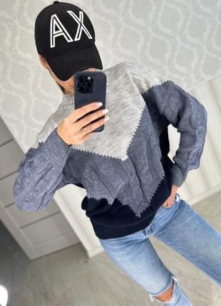 Красивый и качественный свитерок вязка серый-джинс-синий