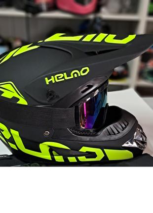 Детский мото шлем Helmo Эндуро Black Green матовый с очками в ...