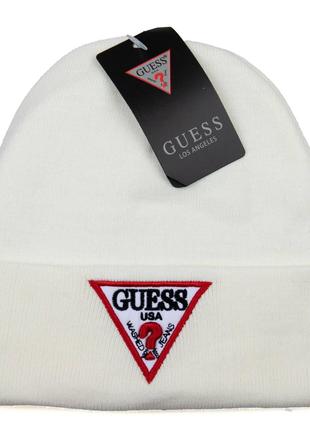 Шапка белая вязаная женская мужская Guess Шапка зимняя Гесс ун...