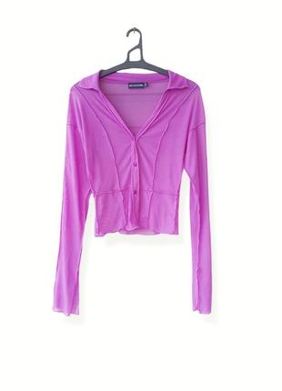 Фиолетовая сетчатая рубашка с длинным рукавом и контрастным швом