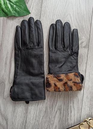 Шкіряні жіночі рукавички з принтоп леопард тигр