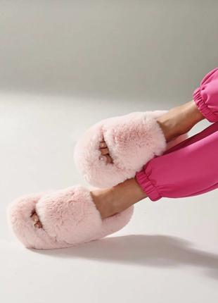 Тёплые пушистые женские меховые комнатные тапочки (розовый цвет)