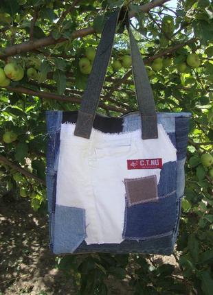 Текстильная джинсовая сумка натуральная из ткани лоскутная