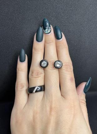 Керамический набор кольцо и серьги чёрный