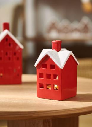 Керамический подсвечник домик, новогодний домик, красный домик