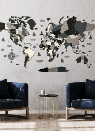 Багатошарова дерев‘яна карта світу 3D на стіну.