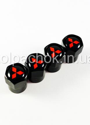 Колпачки на ниппеля Mitsubishi черные/красный лого