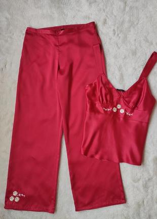 Красная атласная шелковая пижама комплект для сна со штанами м...