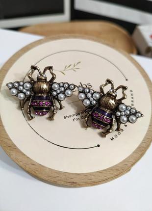 Серьги жук под ретро винтаж insect earrings шарики пчела с бус...