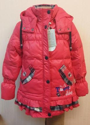 3358 пуховик куртка для девочки теплый с капюшоном красная сну...