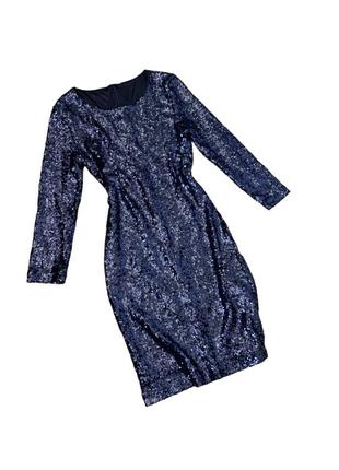 Платье мини синяя вечерняя пайетки с рукавами праздничное блес...