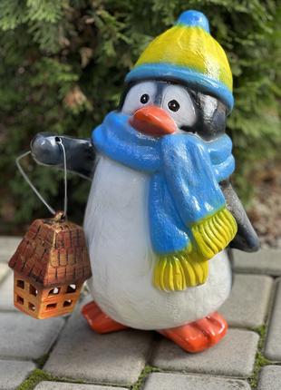 Садова новорічна фігура Пінгвін з ліхтарем
