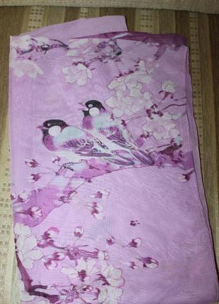 Новий фіолетовий шифоновий шарфик з папугами, 45 на 152см