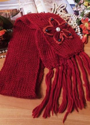 Мягкий теплый вязаный зимний осенний шарфик с аппликацией шарф...