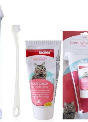 Зубная паста и щётки для котов, набор bioline