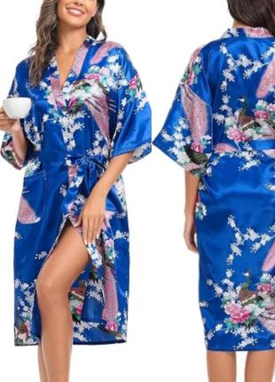 Эффектный женский голубой атласный миди халат кимоно/ принт цв...