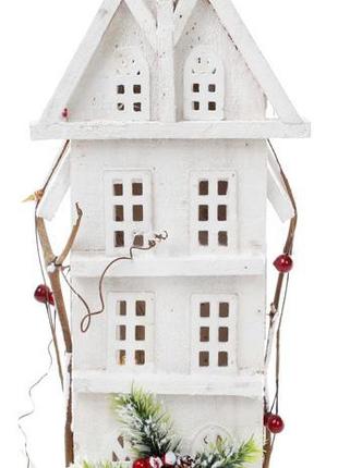 Декор "Зимний домик" 41см, деревянный белый с LED-подсветкой