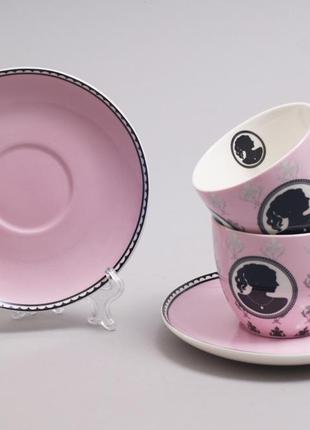 Чайный набор "Силуэт" 2 розовые чашки 280мл с блюдцами