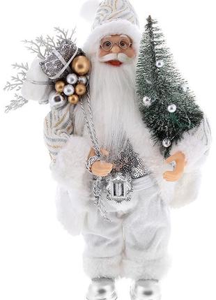 Новогодняя фигура "Санта Клаус с Елкой" 30см, белый с серебристым