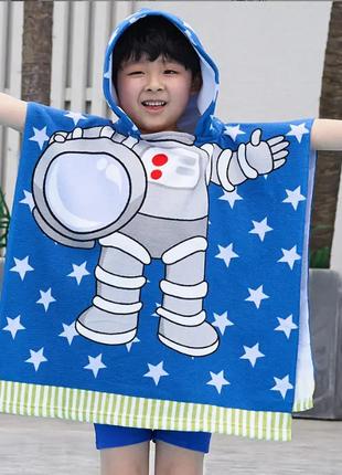 Детское пляжное полотенце космонавт, махровое пончо капюшоном,...