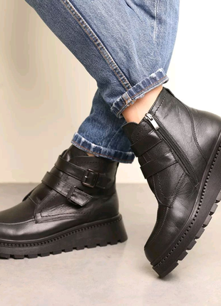 Стильные черные трендовые женские ботинки зимние, кожаные на зиму